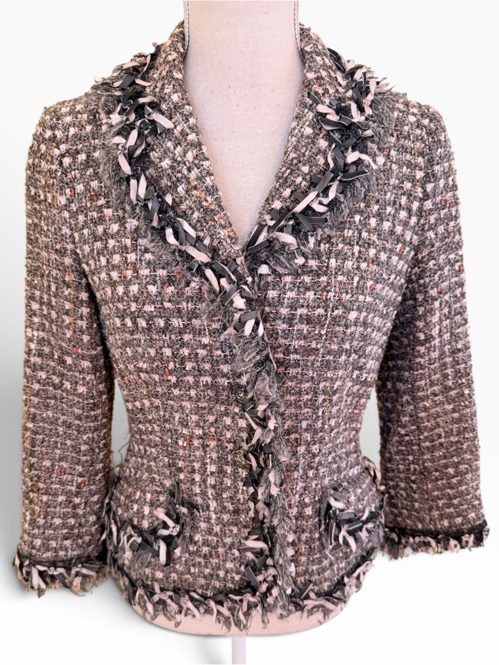 Ricki Freeman for Teri Jon Grey/Cream Multi Textured Tweed Fringe Blazer 6